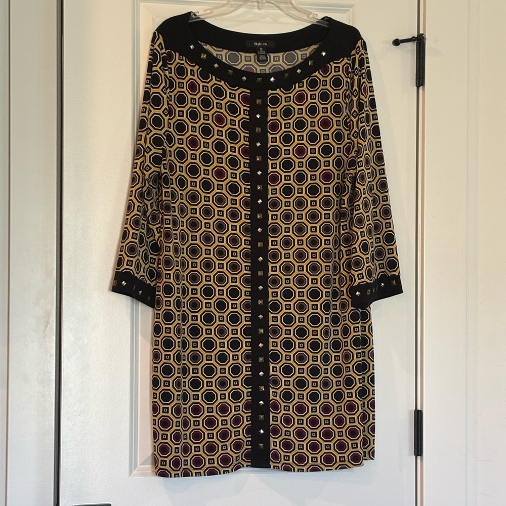 Style & Co Geometric Tunic Dress | Black & Tan | Size XL | 3/4 Sleeve